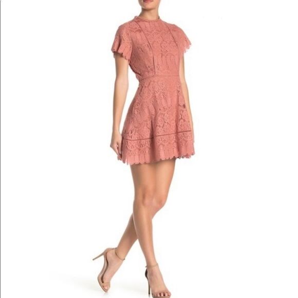 Blu Pepper Lace Mock Neck Mini Dress Pink Blush - Picture 1 of 15